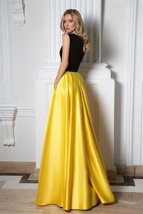 simple black  yellow charming  neck sleeveless floor length prom dresses   beautiful