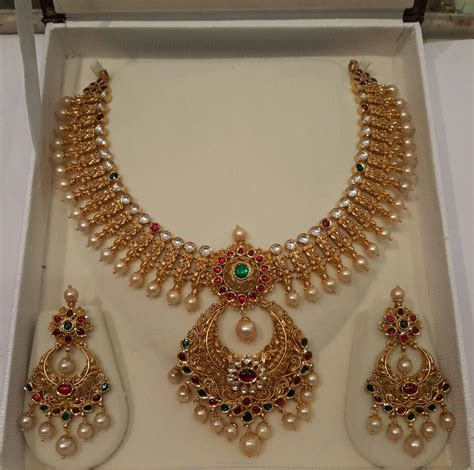 gold pearl necklace set  mahalaxmi jewellers south india jewels