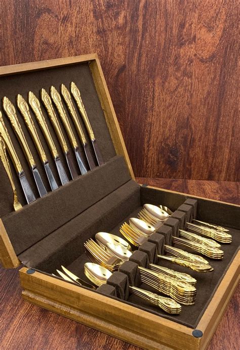 gold flatware set  silverware chest service   serving pieces elegant gold plated