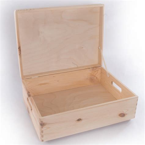 large shallow wooden storage box  hinged lid cut  handles toy box chest crate trunk