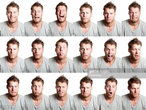 18 different facial expression from handsome man with beard high res