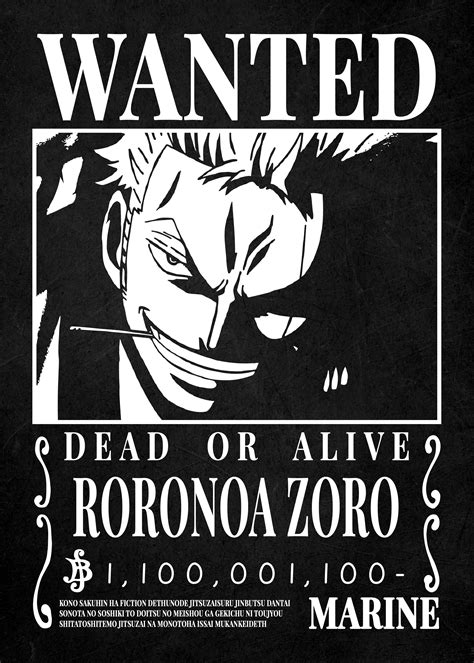 piece wanted zoro metal poster  piece anime cp  piece