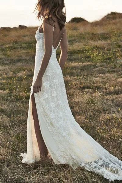 boho backless front split romantic   shoulder ivory lace beach bling wedding dress pm