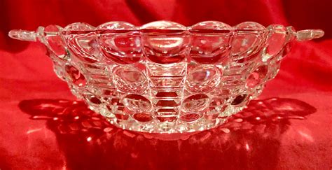 vintage clear bubble depression glass serving bowl  handles