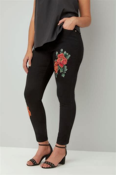 Black Floral Embroidered Skinny Ava Jeans Plus Size 16 To 28