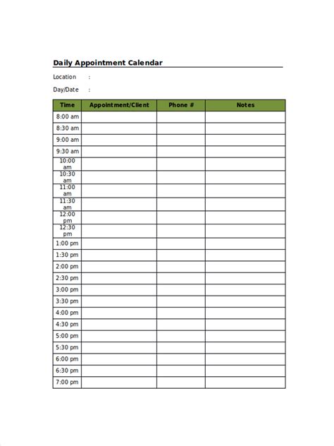 daily appointment  printable appointment sheets