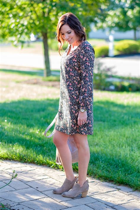 Fall Florals Old Navy Shift Dress With Ankle Boots