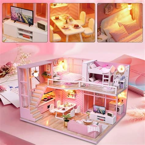 Lyumo Diy Dollhouse Kit Handmade Miniature Pink Girl Wooden Loft Doll