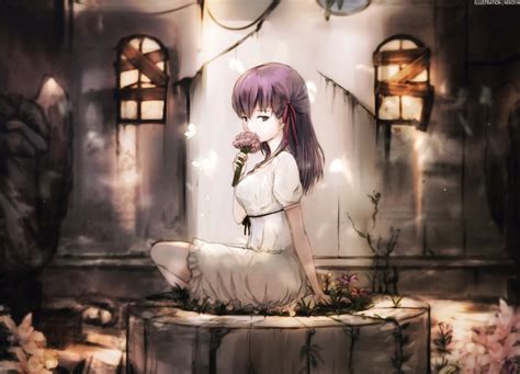 dress dyolf fate series fate stay night flowers long hair matou sakura purple eyes purple hair