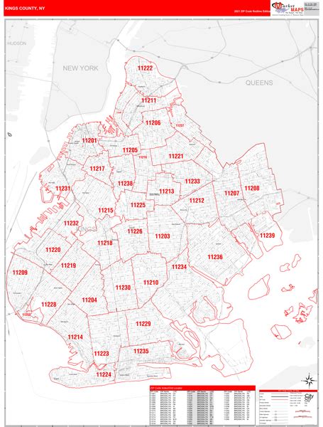 kings county ny zip code wall map red  style  marketmaps mapsales