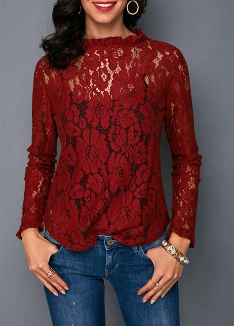Wine Red Stringy Collar Semi Sheer Lace Blouse Usd 26