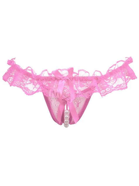 pink lace panties pearl crotchless panties with bow