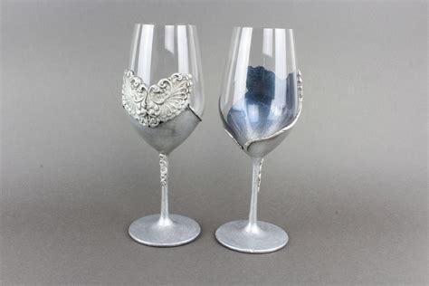 Silver Wine Glass Set 25th Anniversary Wine Glasses Wedding Etsy