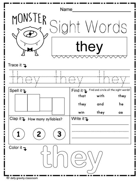 sight words worksheet set  frys  monster kindergarten