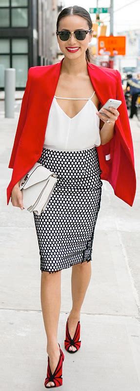 outfit post red cardigan white tank polka dot pencil skirt brown