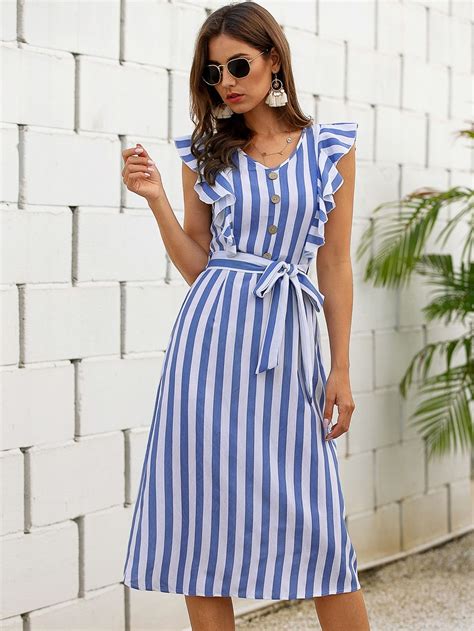 vertical striped ruffle trim belted dress in 2020 vertical striped