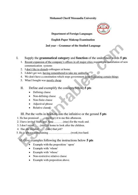 department  foreign languages english paper makeup examination esl worksheet  samiasedrem