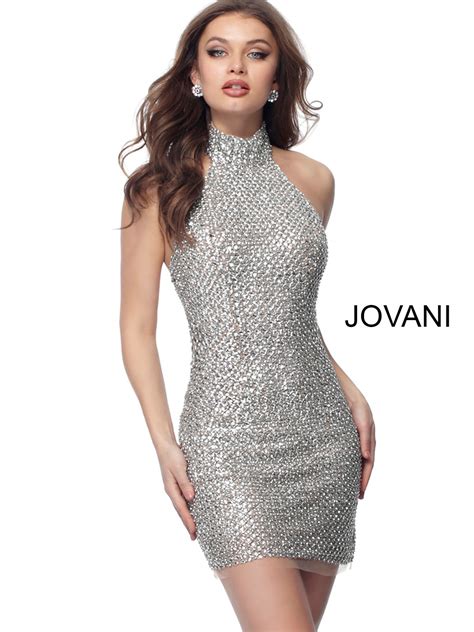 Jovani 66549 Nude Silver Short Halter Neck Cocktail Dress