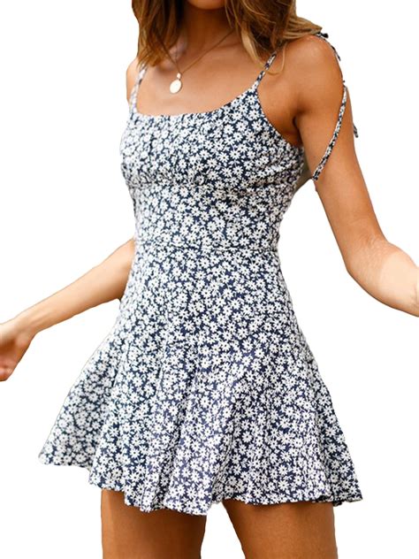 women summer sleeveless beach boho floral mini dress sundress blue