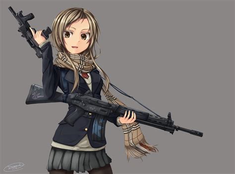 woman anime character holding assault rifle illustration hd wallpaper wallpaper flare