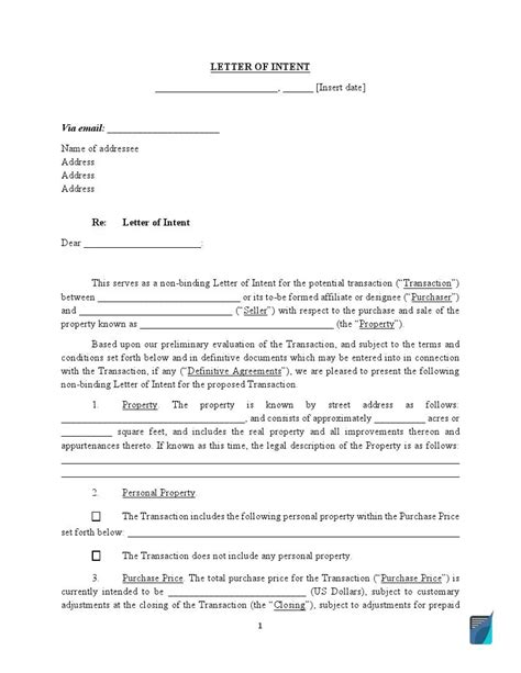 letter  intent sample template loi form