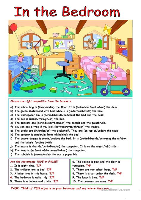prepositions  place   bedroom worksheet