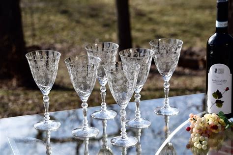 Vintage Needle Etched Crystal Wine Glasses Set Of 2 Fostoria Chintz