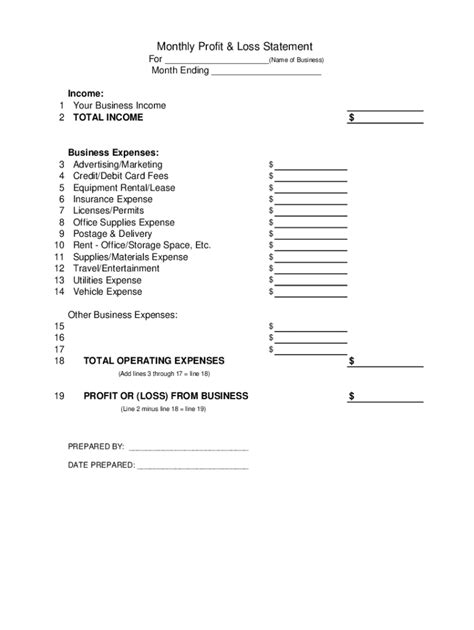 profit  loss statement template fill  printable fillable