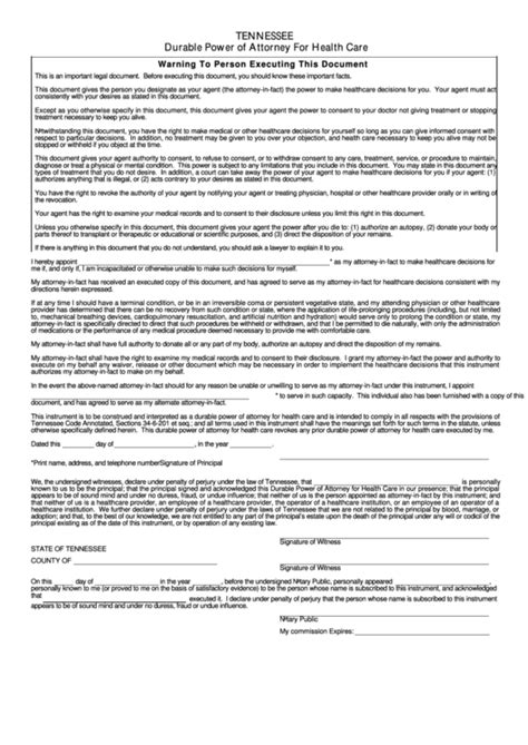 printable durable power  attorney form tennessee printable forms