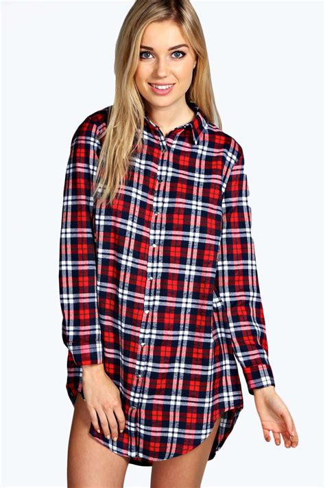 Boohoo Womens Ava Flannel Check Oversized Night Shirt Sleepwear Long