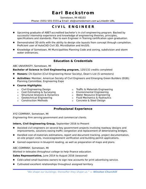 sample resume   entry level civil engineer monstercom