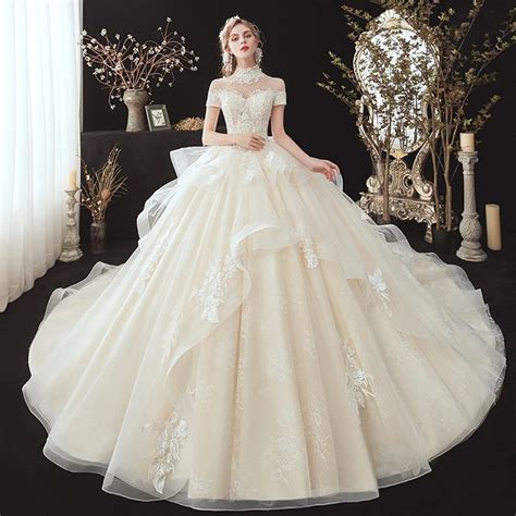 beading appliques lace princess ball gown wedding dresses vestido de casamento high neck short