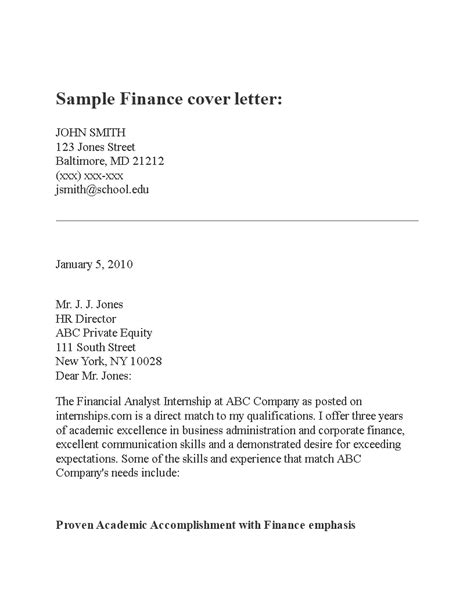 application cover letter internship  finance department templates