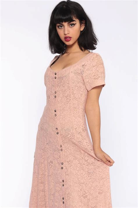 pink lace dress sheer  maxi grunge floral boho dress fitted