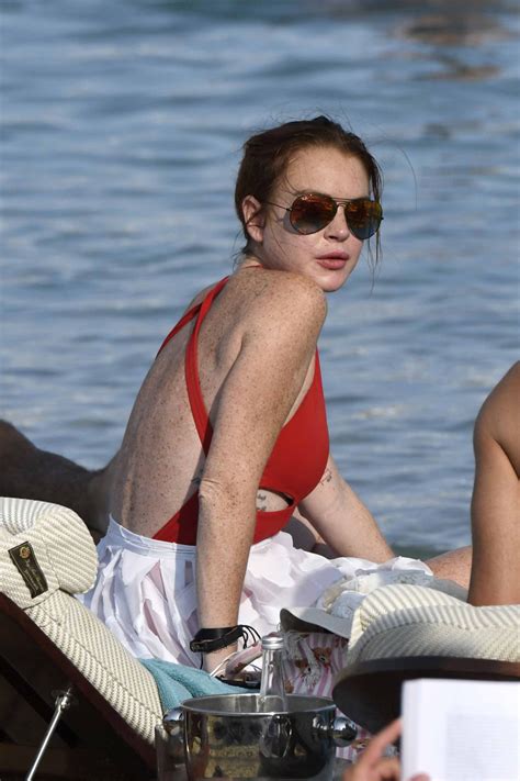 Lindsay Lohan In A Red Swimsuit On Nammos Beach In Mykonos 08 21 2017