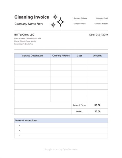 cleaning invoice template printable templates