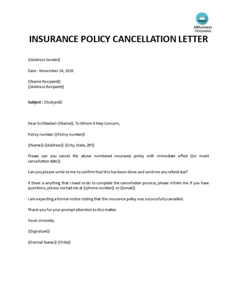 cancellation letter insurance policy templates