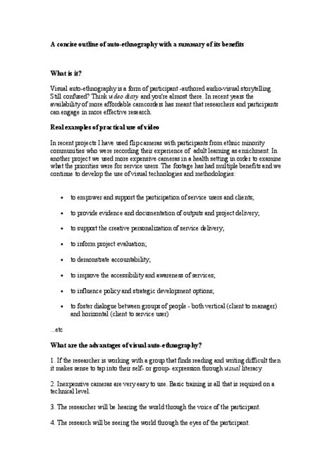 concise outline  auto ethnography   summary