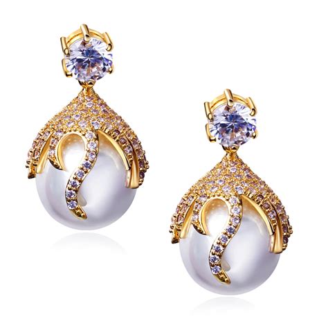 buy women fashion earring gold plated  white cubic
