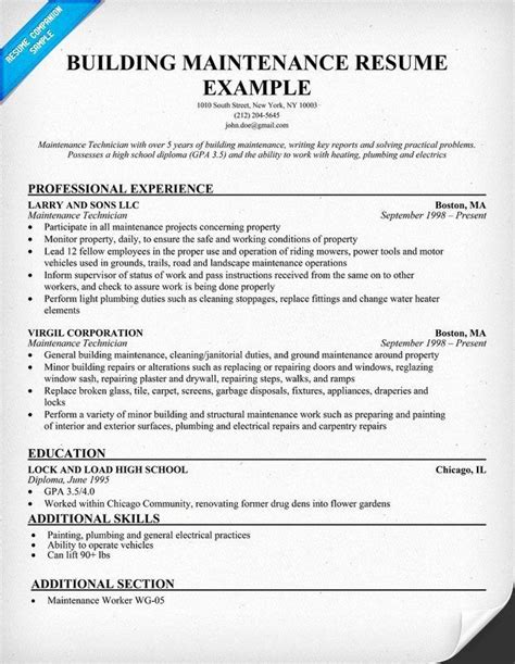 sample resume  maintenance worker   building resume