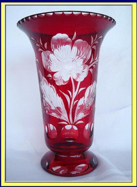 Antique Bohemian Glass Vase Ruby Red To Clear Engraved For Sale
