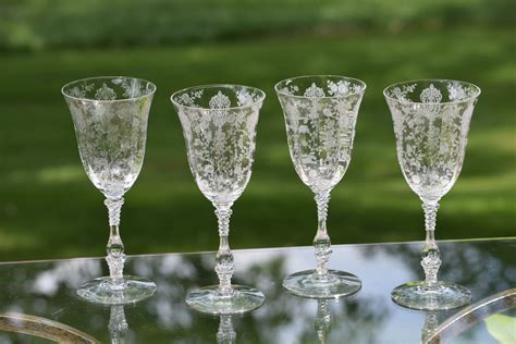 Vintage Etched Crystal Wine Glasses Water Goblets Set Of 4 Etsy