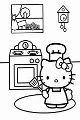 Kitty Hello Coloring Cooking Pages Kitchen Color Printable Cartoon Colouring Sheets Kids Drawing Disney Family Negru Alb Thanksgiving Sanrio Cupcake sketch template