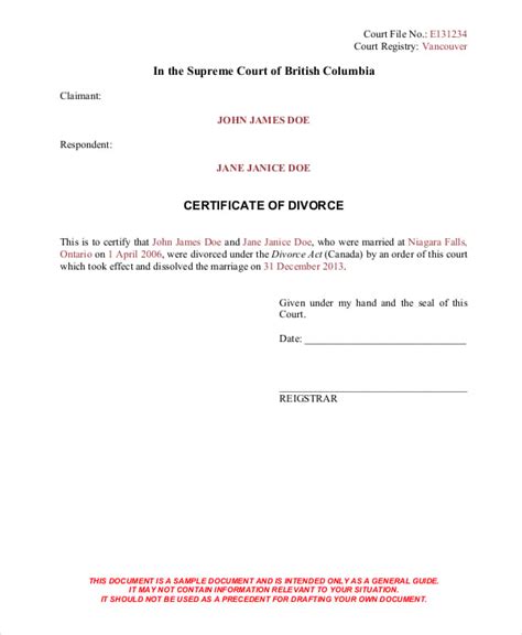 divorce certificate template   word  document downloads