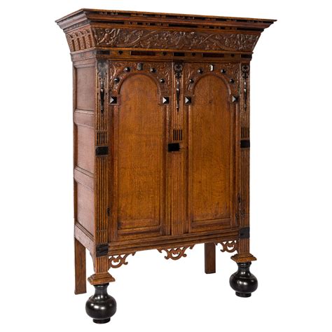 Antique 17th Century Oak And Ebony Two Door Renaissance Cabinet For