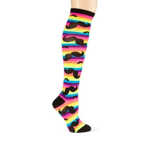 Rainbow Striped Knee Socks With Moustaches Claire S Us