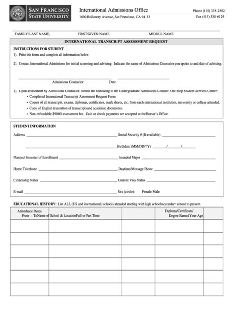 International Transcript Assessment Request Form Printable Pdf Download