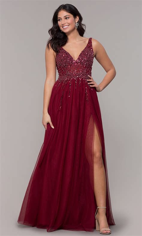 Long Tulle V Neck Burgundy Red Prom Dress Promgirl