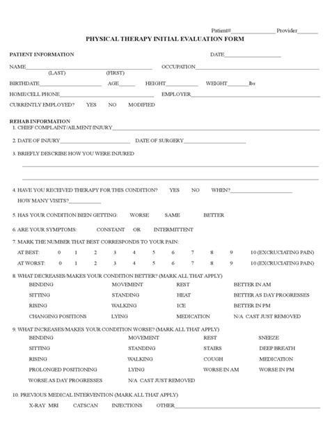 physical therapy evaluation form   templates   word excel