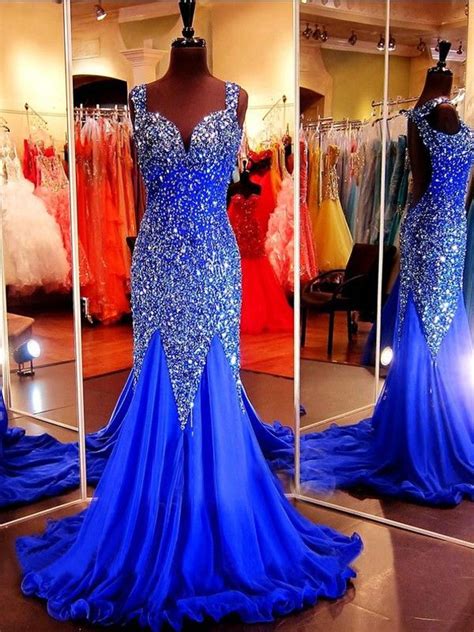 sparkly mermaid sweetheart open  royal blue tulle beaded prom dress  straps